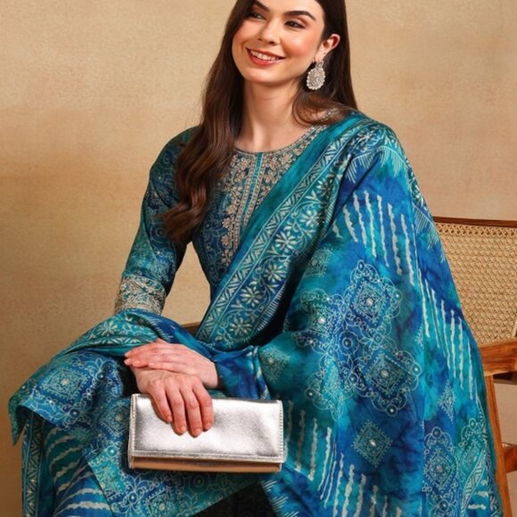 Shivansh Creations Women’s Teal Blue Printed Silk Blend Kurta Set– Ethnic Dress - Picture 8 of 10